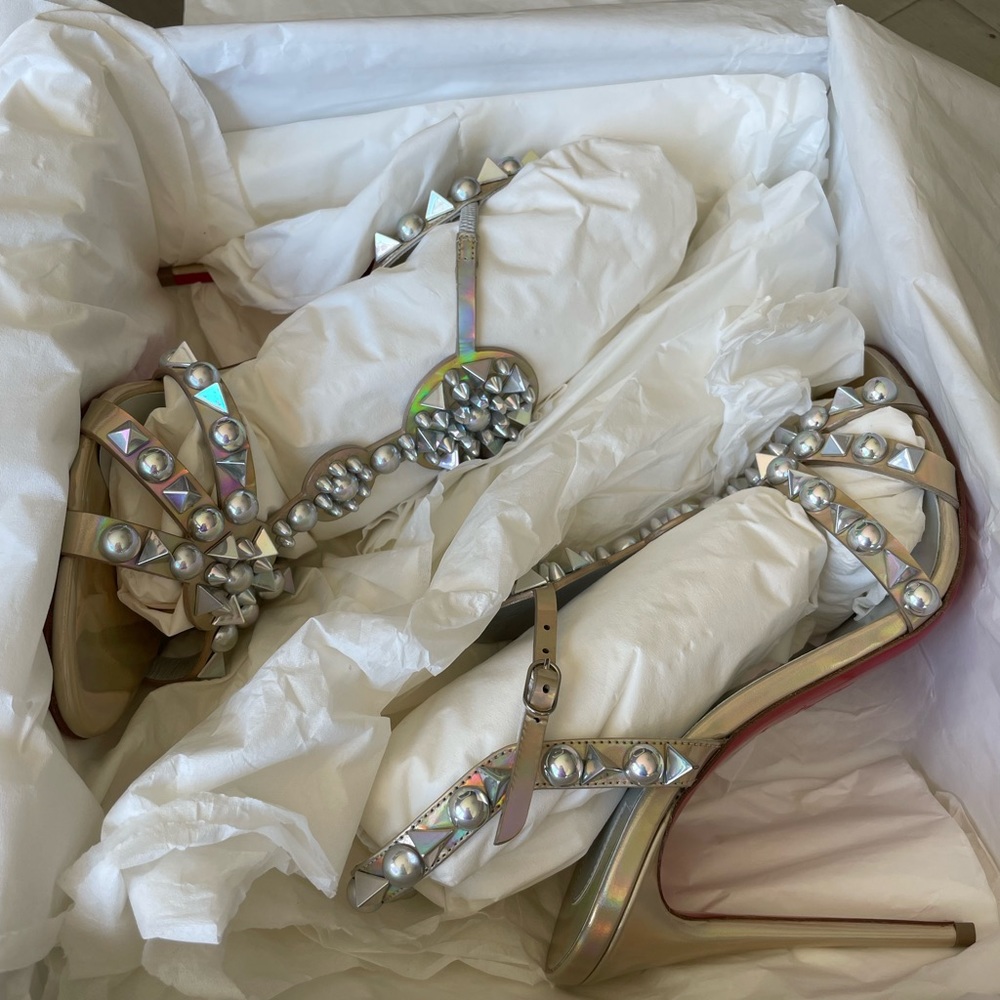 christian louboutin Goldora 100mm stiletto sandal spike iridescent sz 38 - Picture 9 of 12